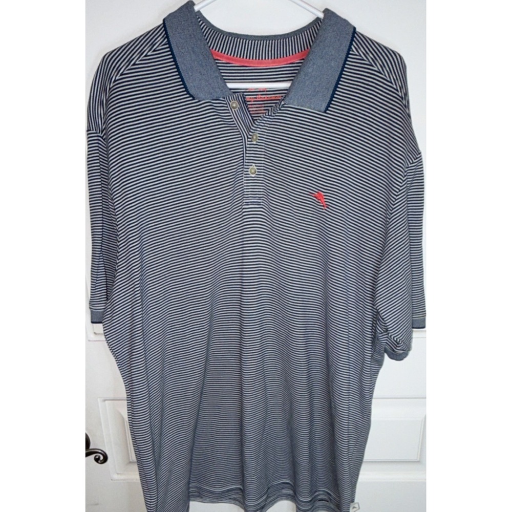 Tommy Bahama Blue White XXL Men's Striped Polo Shirt Short Sleeve